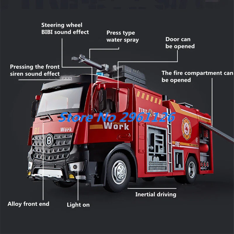 1:50 Alloy Simulated Fire Sprinkler Large Truck Toy Sound Effects Open Door Lighting Electric Inertia Fire Truck Model Kids Gift