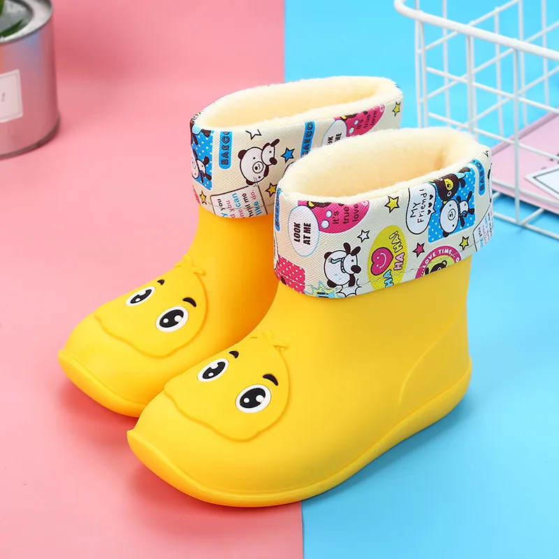 Children Cotton Rain Boots Cute Cartoon Rubber Shoes Waterproof Non Slip Plush Water Boots Student Kid\'s Boot for Boys Girls