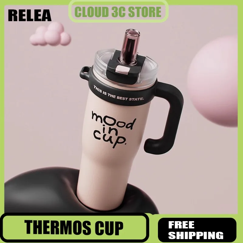 

Relea 1300ml Large Capacity Straw Thermal Cup Stainless Steel Vacuum Flasks Outdoor Sports Water Cup with Lid Handle Girl Gifts