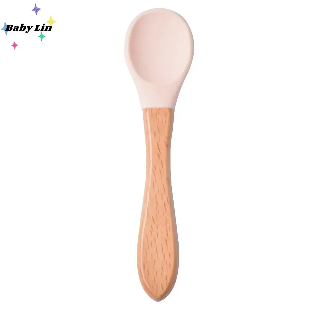 Baby Soft Silicone Spoon Candy Color Safety Baby‘ Learning Wood ‘Spoon Non-Slip Spoon’ Children Kids Boy Girl Food Feeding Tools