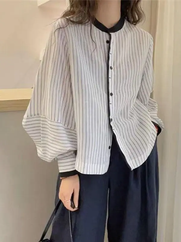 

Уникальная женская рубашка в полоску с круглым вырезом и длинными рукавами, свободного кроя в корейском стиле, с рукавами-фонариками, классическим узором, весенняя мода