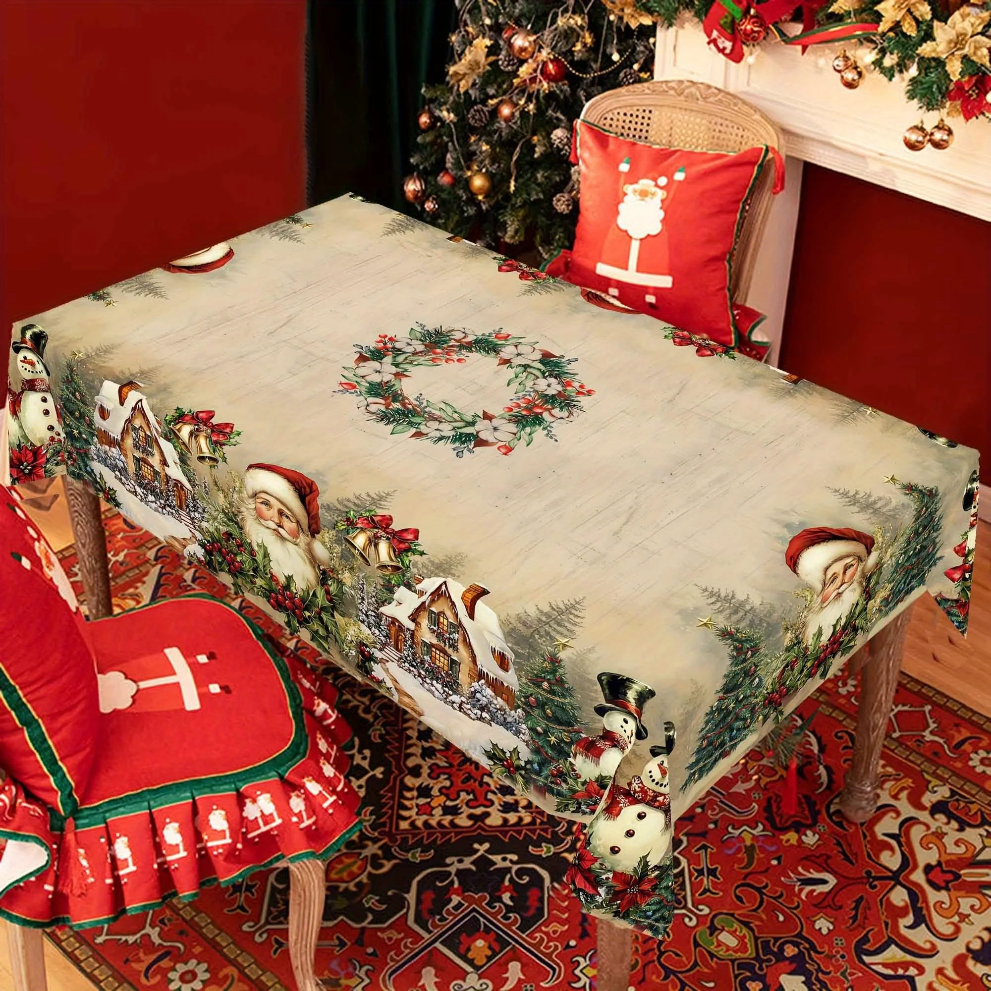Tablecloth 1pc - Rectangular polyester tablecloth with retro wooden pattern and Christmas theme