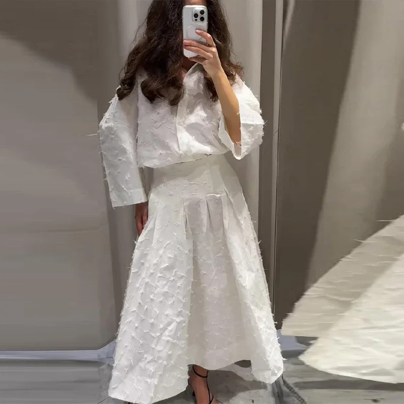 

White Tassel Shirt Skirt Women Outfit Lapel Three-quarters Sleeve Shirts Pleated Skirts 2025 Summer 2 Pieces Lady Set