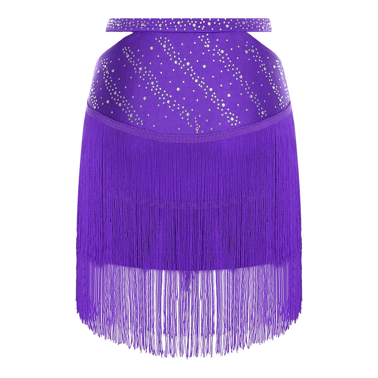 Damska spódnica do tańca latynoamerykańskiego Salsa Cha-Cha z wycięciami, elastycznym pasem, błyszczącymi dżetami i frędzlami, strój do tańca towarzyskiego.