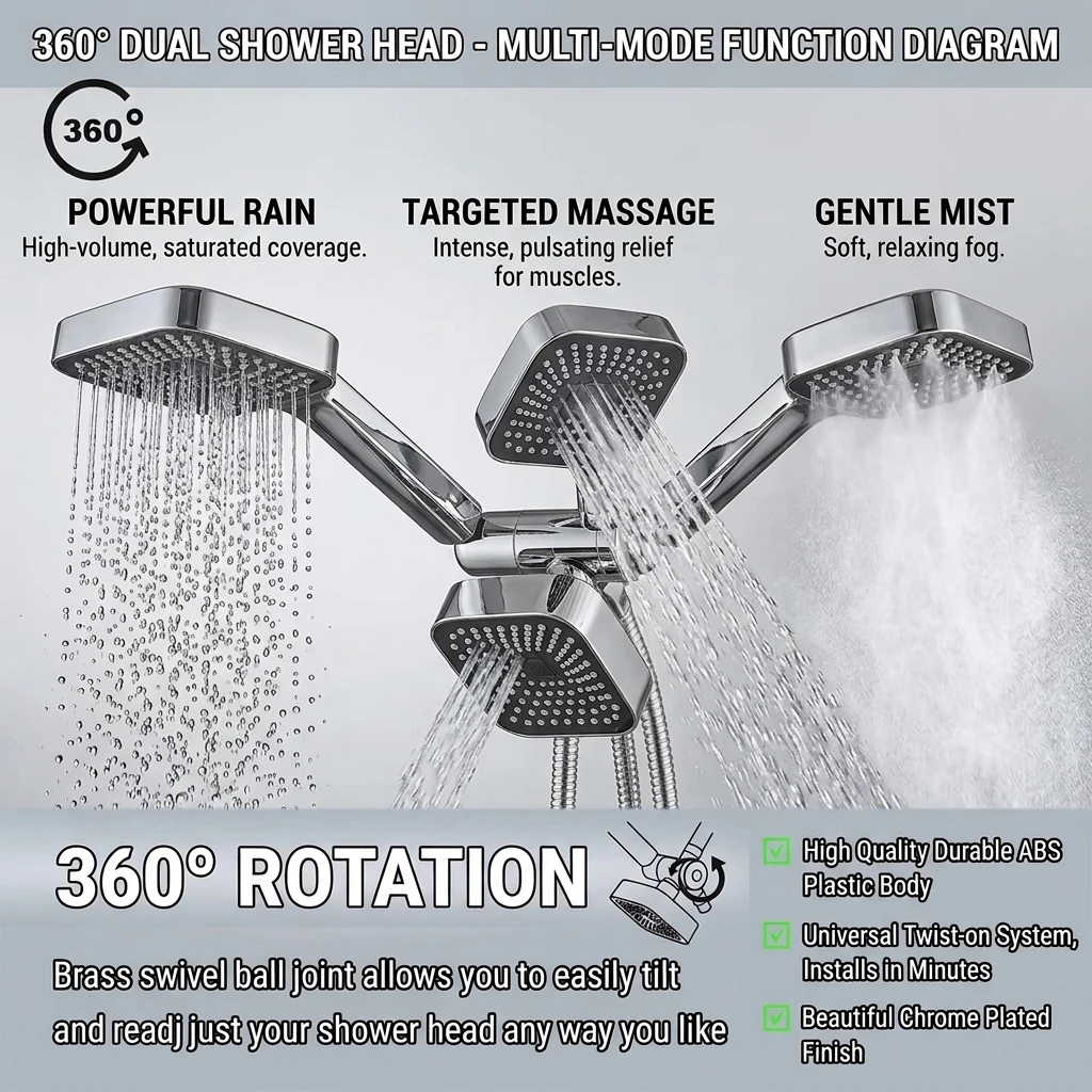 Dual Square Shower Head Combo Wall Mount Set Flexible Hose Soft Silicone Nozzles Adjustable Bracket