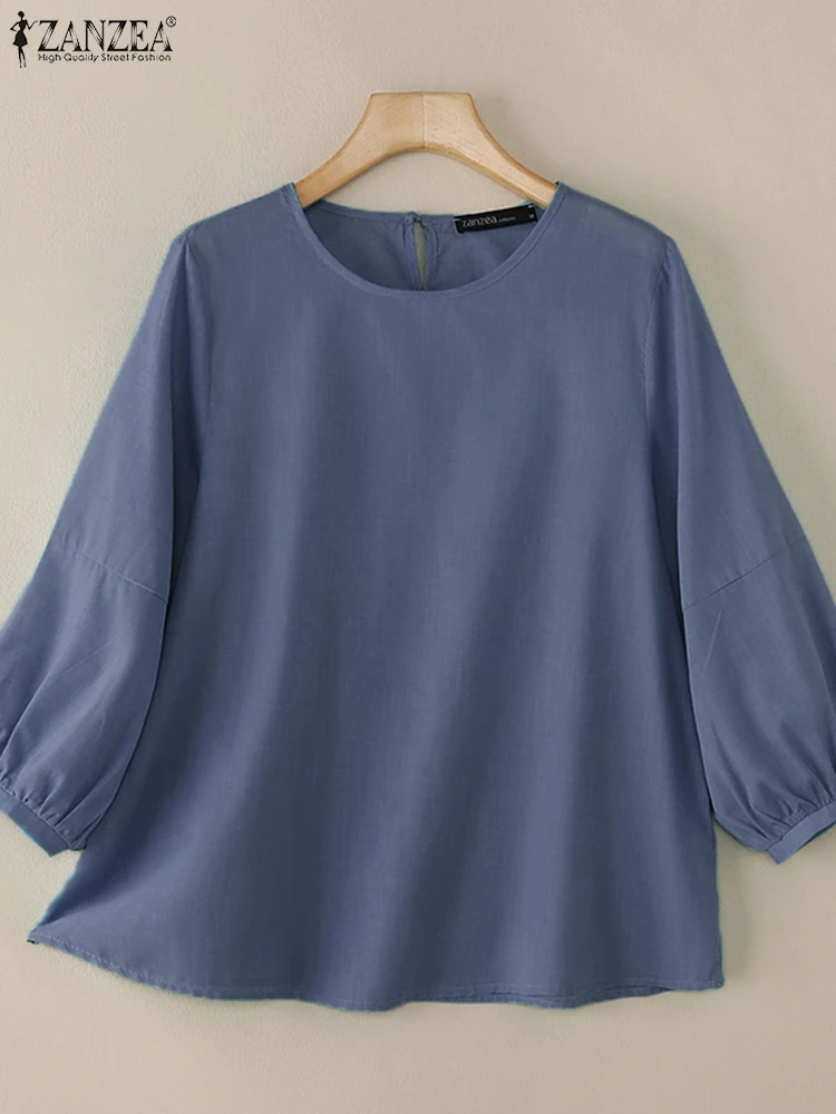 ZANZEA Lantern Sleeve Women\'s Blouses 2025 Spring Summer Loose Casual Solid Blusas Mujer Vintage O Neck 3/4 Sleeve Smock Tops