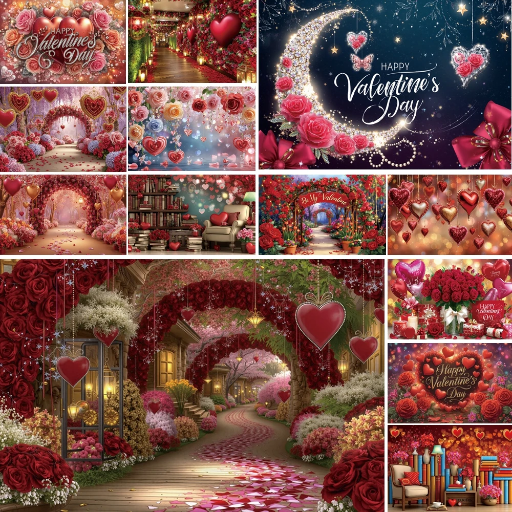 

MOON.QG Valentines February 14 Photo Background Rose Balloon Heart Bokeh Arch Path Backdrop Girl Accessories Portrait Photozone