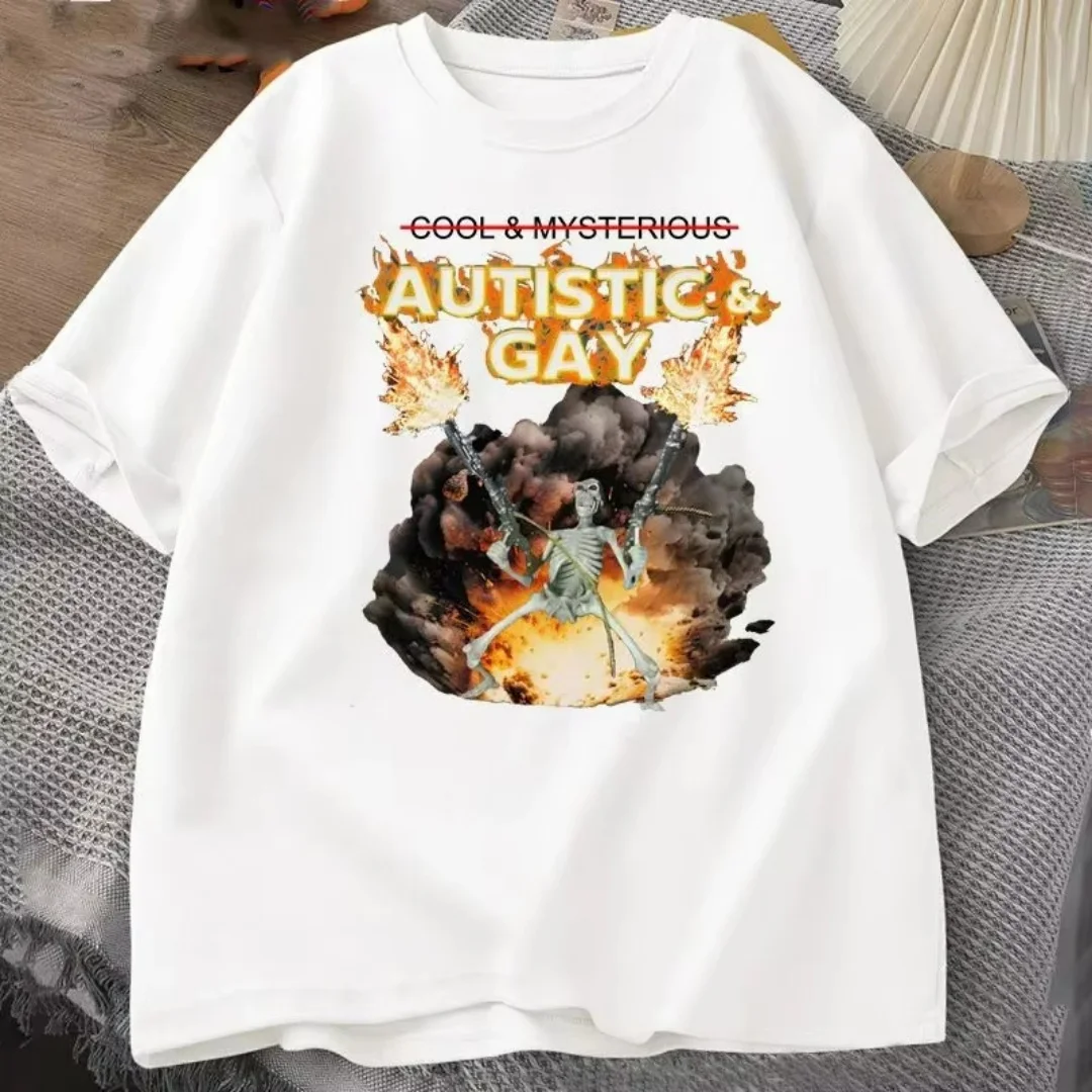 Ropa Hombre Autistic and Gay Skeleton Explosion Grafik T-Shirt Sommermode Freizeit Reine Baumwolle Herren- und Damen-Y2K-T-Shirt