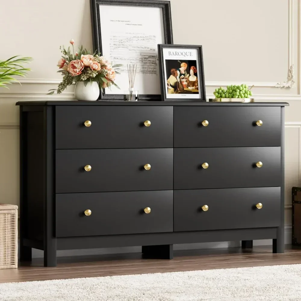Modern Kids Double Dresser 6 Drawers with Gold Pulls - Storage Chest of Drawers for Children's Bedroom