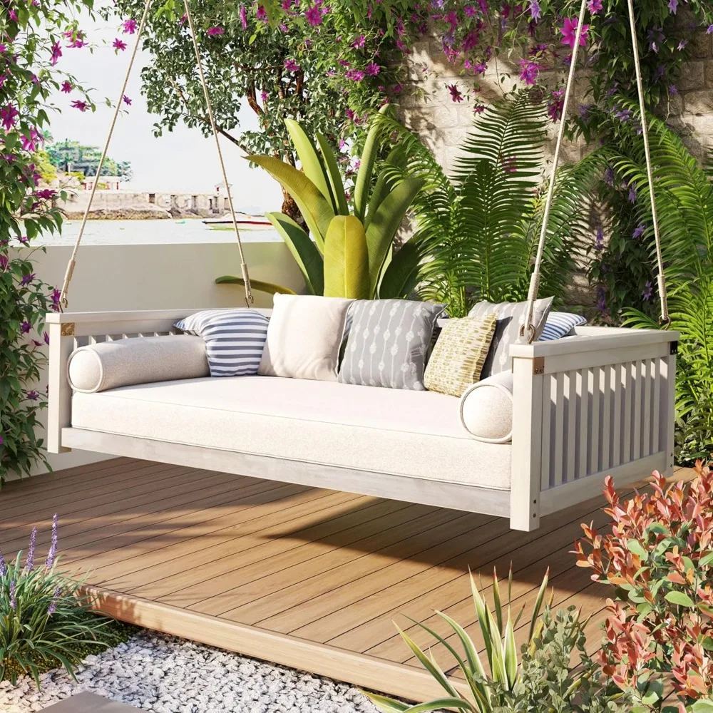 

Porch Daybed Swing Outdoor Wooden Swing Bench, Patio Hanging Swing Chair Swinging Bed for Garden, Backyard, Deck, White