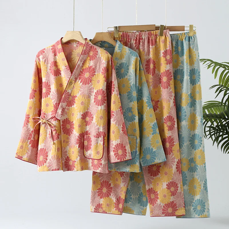 Kimono Robes with Long Trousers Pajama Suit for Women's Spring and Autumn Cotton Flower Printed Long Sleeved Home Women Clothing