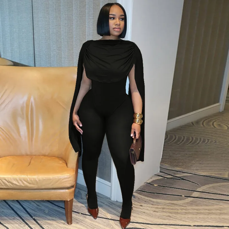 STYLISH LADY Cloak Cape Ruffle Jumpsuits 2025 Summer Women Sleeveless Bodycon Solid Slim Sexy Club Party Overalls