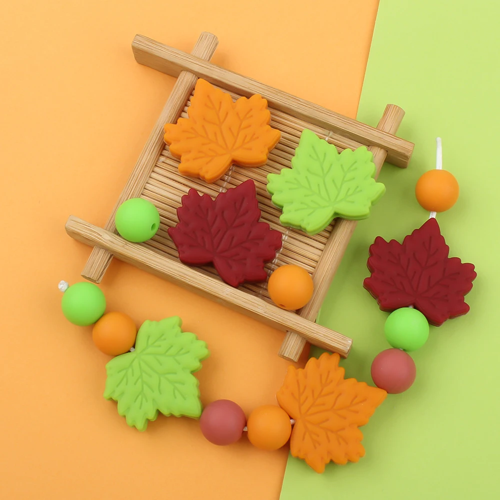 5Pcs Baby Silicone Beads Nursing Chewing Teether Teething Maple Falling Leaves Beads for Pacifier Clip Chain DIY Making Necklace