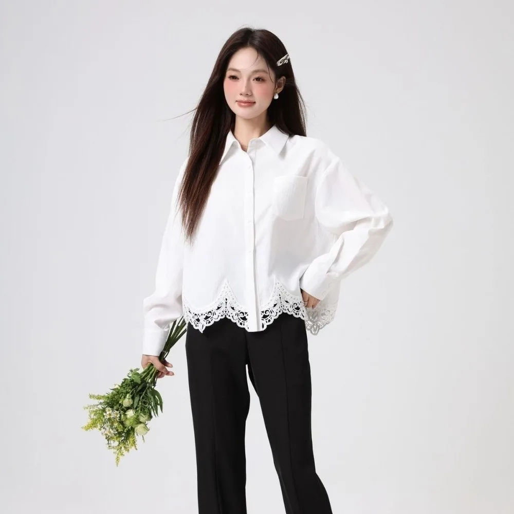 

Женская блузка с асимметричным кружевом, однотонная, повседневная, с отложным воротником, в корейском стиле, белая, с длинными рукавами