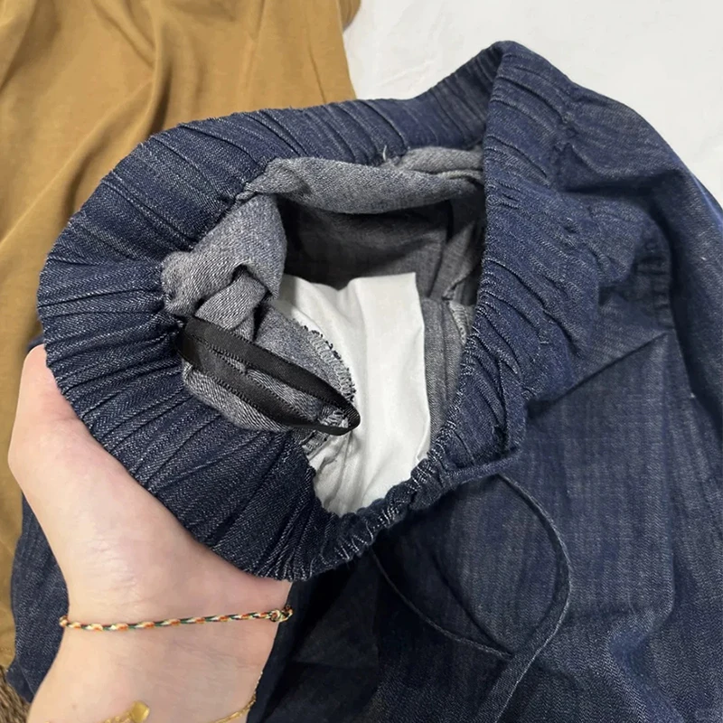 S-3xl Retro Blue Denim กางเกงผู้หญิงฤดูร้อน Drawstring ยืดหยุ่นเอวตรงกางเกงเลดี้สบายๆบางกางเกงยีนส์ขากว้าง