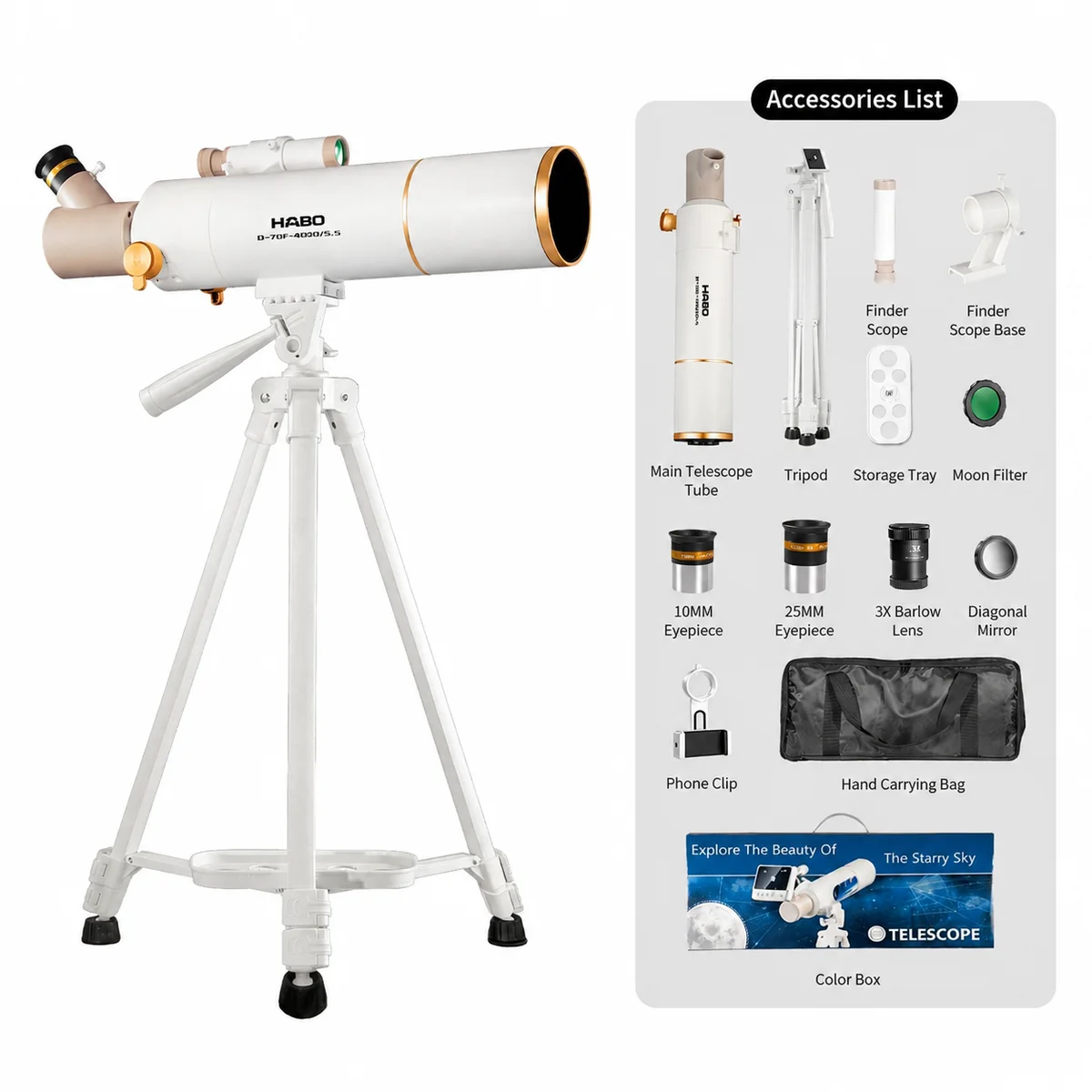 120x HABO 70400 Astronomy Telescopes For Beginners Adults 10MM 25MM Eyepieces Travel Telescope Adjustable Tripod Phone Adapter