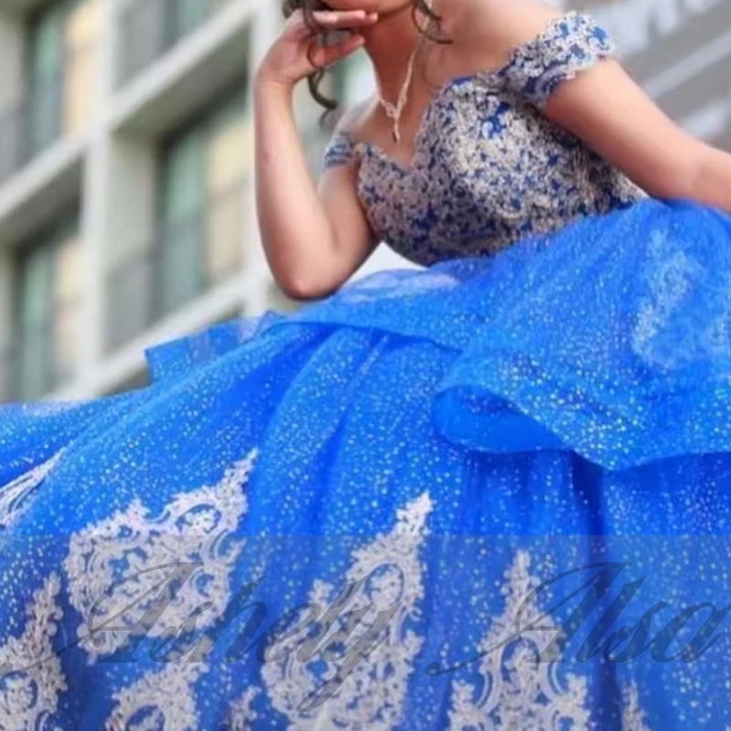 A1514 luxe mexicain bleu femmes robe de fête d'anniversaire Cap manches dentelle Applique robe de bal bal Quinceanera 15 16 14 nouveau personnalisé