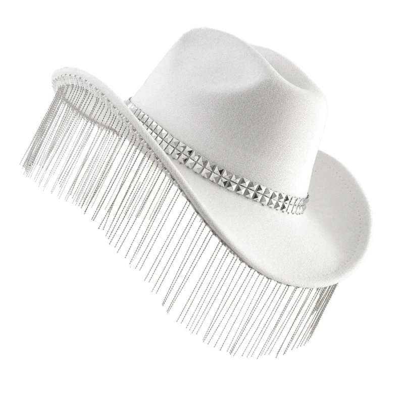 

Roll Brims Cowboy Hat for Bride Bridesmaid Elegant Fringed Rhinestones Cowgirl Hat Party Costume Halloween Dress Up Hat