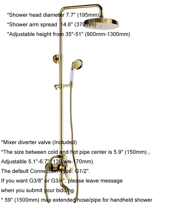 Bathroom Faucet Set Golden Brass 7.7 in Rainfall/Handheld Shower Faucet Kit Wall Mounted Bathtub Hot And Cold Water Taps 2gf315