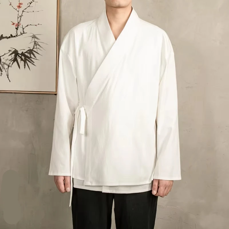 

2025 мужские льняные рубашки-кимоно, куртка, мужская двухслойная рубашка, винтажные рубашки в китайском стиле с длинными рукавами, мужские рубашки с открытой строчкой Hanfu