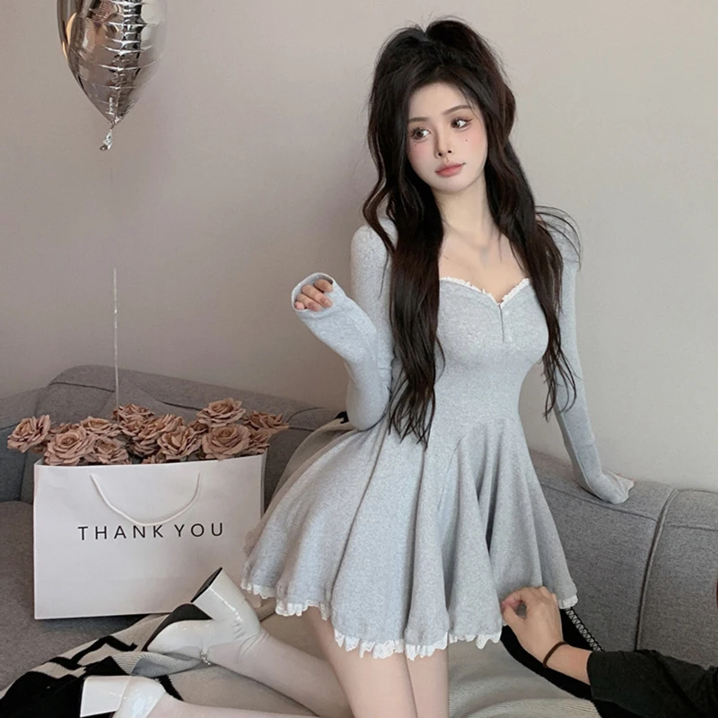 Sexy Korean Dress French Style Waist Closed Long Sleeve Collarbone Exposed Sweet