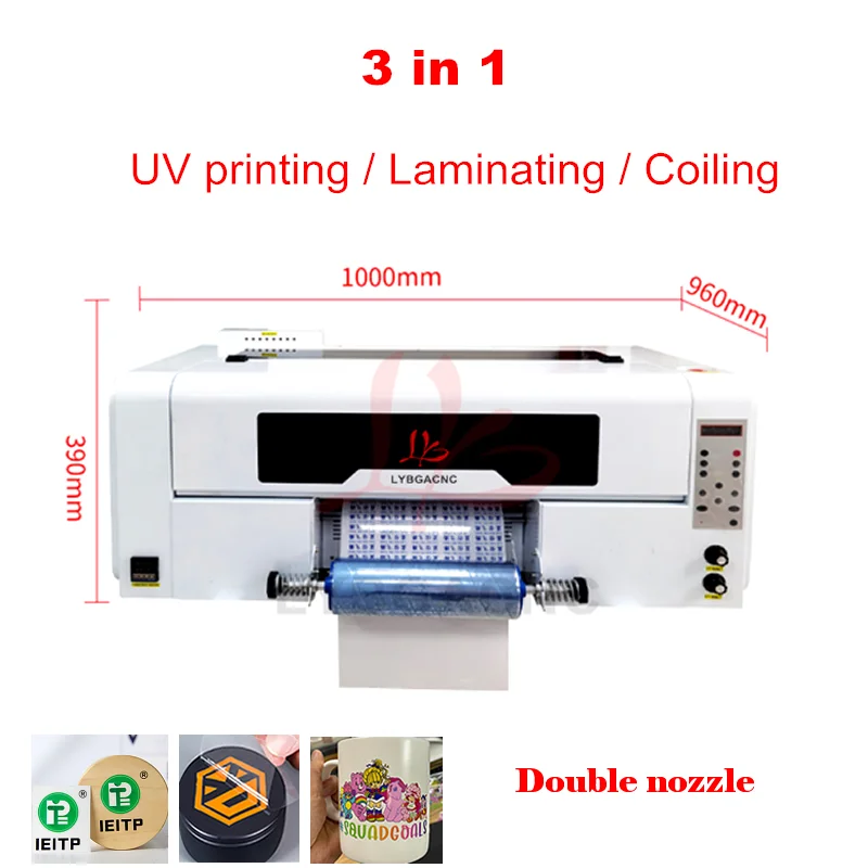 LY A3 มัลติฟังก์ชั่นการพิมพ์ฉลากคริสตัลขดลวดเคลือบ 3 ใน 1 เครื่อง UV DTF เครื่องพิมพ์เสื้อยืดคู่