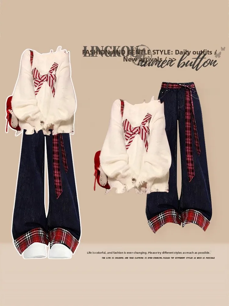 

Korean Style Autumn Winter Women's Knitted Sweater And Slimming High Waist Jeans Two-Piece Set with Knot Design