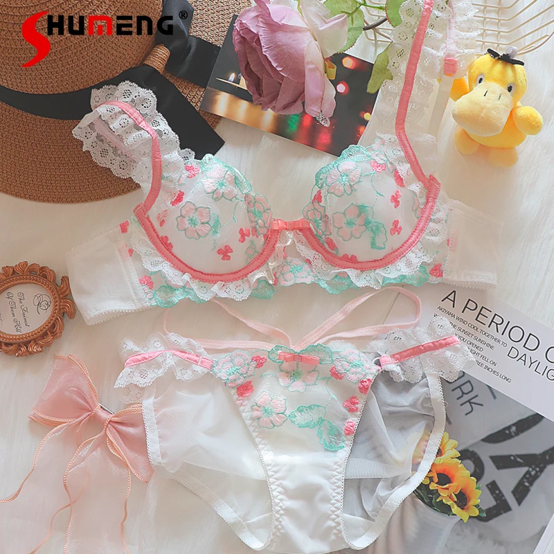 

Embroidery Sweet Sexy Small Chest Bra Set Women's Pure Desire Japanese Style Flower Underwear Female Intimates Brief Suits