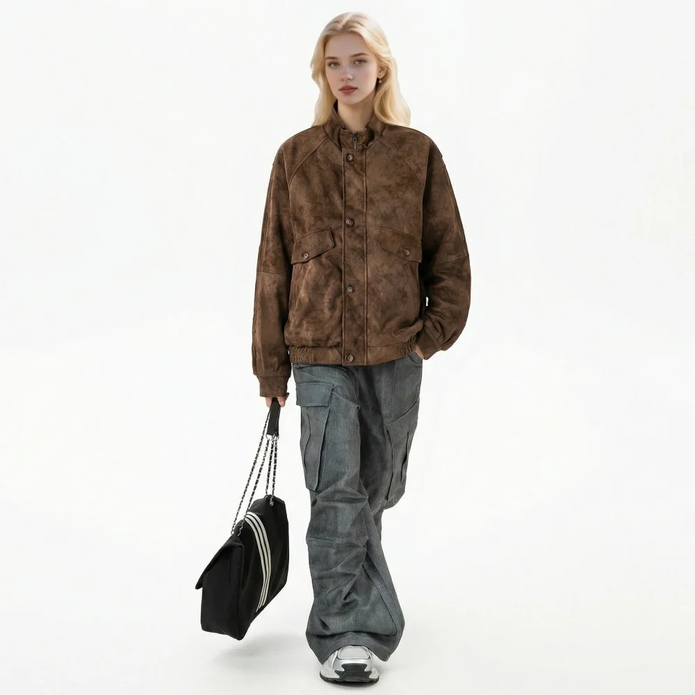 เสื้อแจ็คเก็ตหนังผู้หญิงสไตล์อเมริกันวินเทจ PU แจ็คเก็ตมอเตอร์ไซค์แบบมีซิป แขนยาว มีกระเป๋า เสื้อโค้ทสำหรับฤดูใบไม้ผลิ รุ่นใหม่ในหมวดเสื้อผ้าชั้นนอก