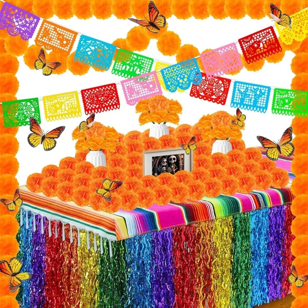 Juego de decoraciones del Día de los Muertos, 96 Uds., 18 pancartas de fiesta mexicana, Papel Picado, 2 guirnaldas, 50 flores de caléndula, mesa