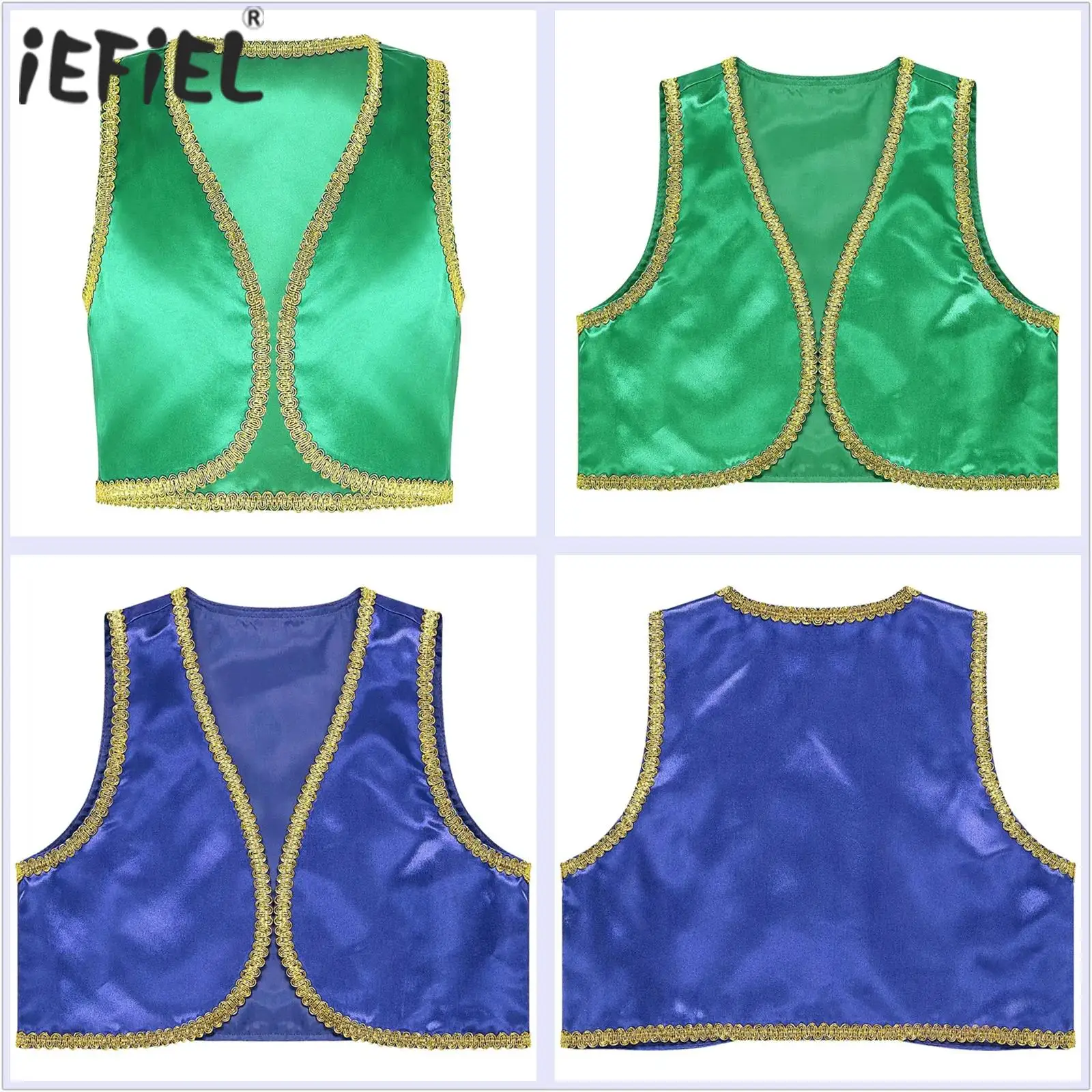 

Жилет Джин для мальчиков, арабский принц, арабская сказка, карнавальный костюм, жилет с открытой передней частью, золотой плетеный жилет с отделкой