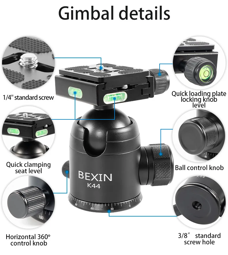 BEXIN K44 삼각대 볼 헤드 파노라마 볼 헤드 마운트 어댑터 U-그루브 로우 프로파일 볼 헤드 삼각대 마운트 최대 부하 33lbs/15kg New