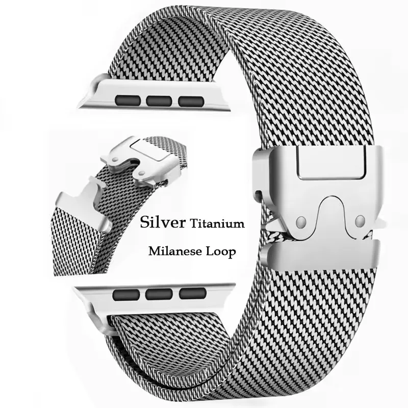Milanaise-Armband für Apple Watch Band Ultra 2 49 mm, Serie 10, 9, 8, 7, 6, 5, natürliche Titan-Milanese-Schlaufe, sichere Fallschirmschnalle