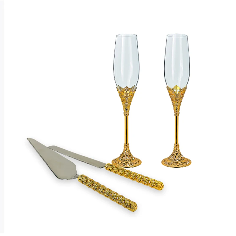 Золотые стразы, флейты для шампанского, очки, нож для торта, набор для выпечки, блестящий хрустальный коктейльный стеклянный бокал, свадебный подарок, украшение для вечеринки Золотые стразы, флейты для шампанского, очки, нож для торта, набор для выпечки, блестящий хрустальный коктейльный стеклянный бокал, свадебный подарок, украшение для вечеринки