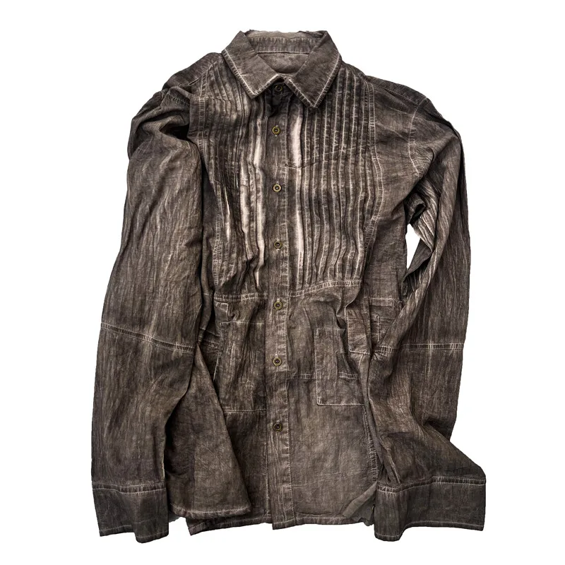 Wasteland Style Irregular Patches Distressed Shirt Vintage Washed Post Apocalyptic Streetwear Long Sleeve Casual Overshirt