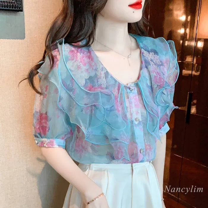 Elegant Ruffled Short Sleeves Chiffon Shirt Women\'s 2022 Summer New Design Floral Top Ladies Sweet Flower Blusas