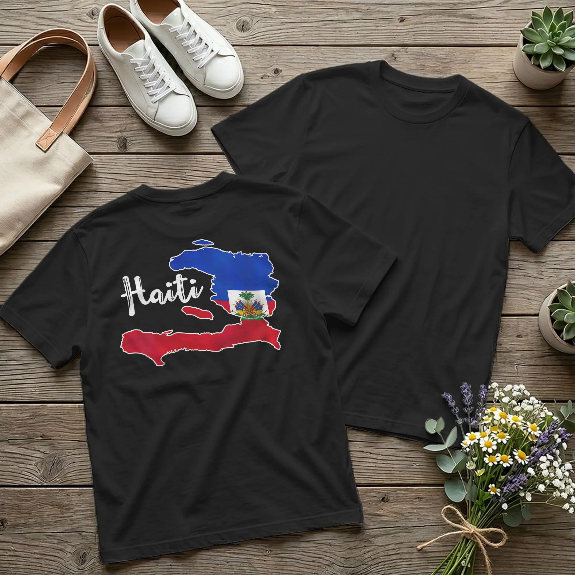 Herren-T-Shirts mit Rückendruck „Happy Haitian Flag Day“, coole Haiti-Karte, Stolz, Neuheit, T-Shirt, T-Shirts mit Rundhalsausschnitt, Kleidung mit Grafikdruck