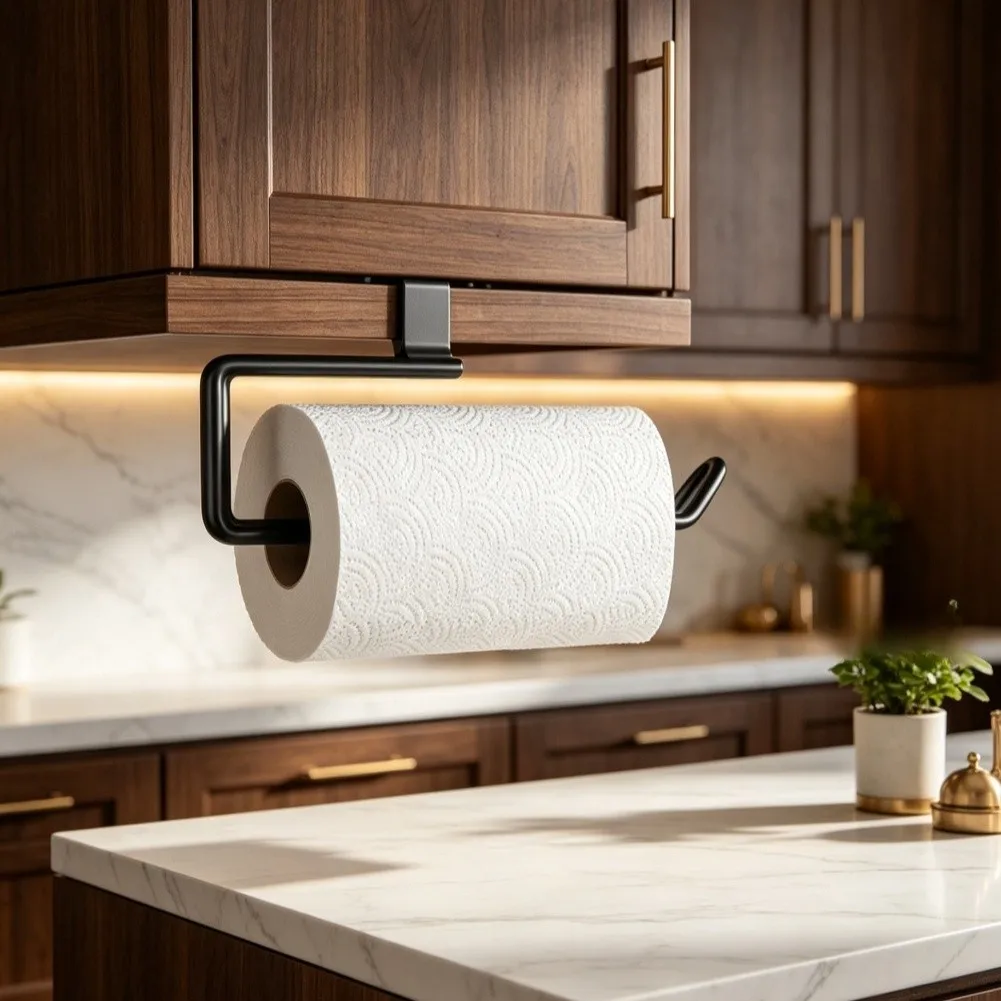 Paper Towel Holder Stainless Steel Under Cabinet No Drill Clip Mount for Towels Foil Cling Wrap 27.5 cm Long Black
