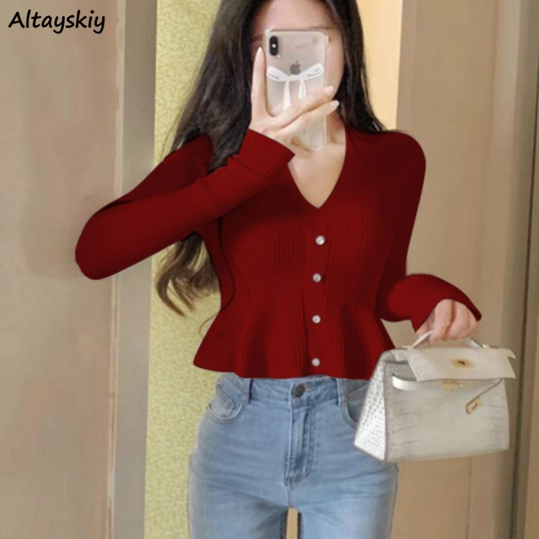 

Укороченные кардиганы женские вязаные топы тонкие эстетические элегантные с v-образным вырезом Корейская Мода Свитер Женский осенний базовый Ulzzang Trendy Daily