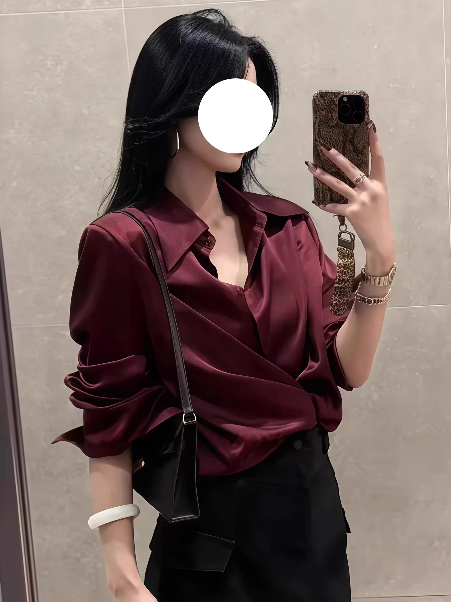Elegant Wine Red Satin Collar Commuter Shirt Women's Fashion Brand Button Korean Style Straight Cut Long Sleeve Top