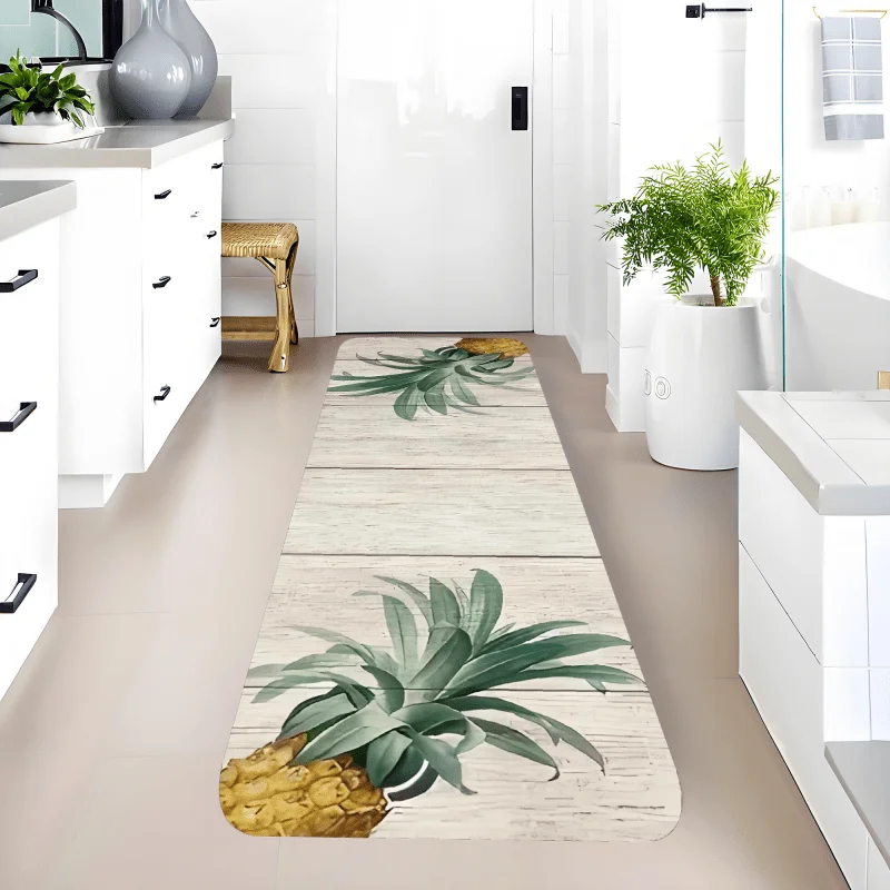 Vintage Light Wood Board Pineapple Fruit Watercolor Floor Runner Rug, washable mat for entry anti-slip simple home decor