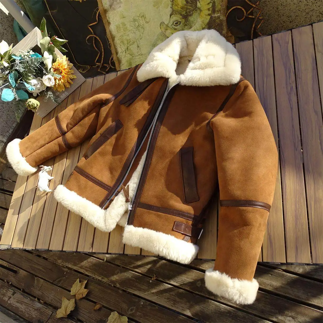 Brown Winter Shearling Jacket Men Military Style Plus Size 4XL Genuine Natural Thick Sheepskin Turn-Down Collar Flight Coat