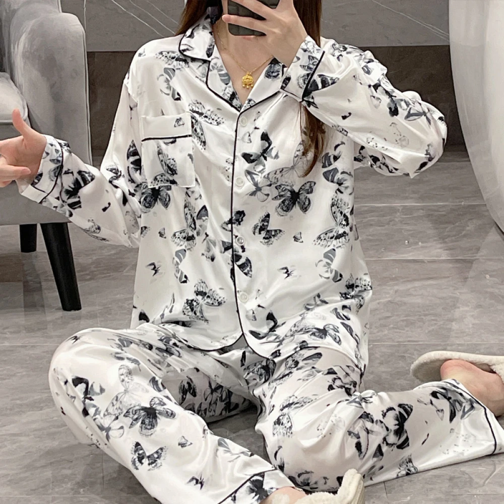 China Style Butterfly Ink Painting Women Home Pajamas Elegant Classic Fashion Print Casual Sleepwear 2024 New Y2k Autumn Lounge