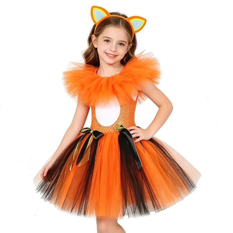 Wildlife Fox Cosplay Tutu Outfit Sleeveless Knit Top Mesh Skirt with Ribbon Bows and Fox Ear Headband for Photography Carnival