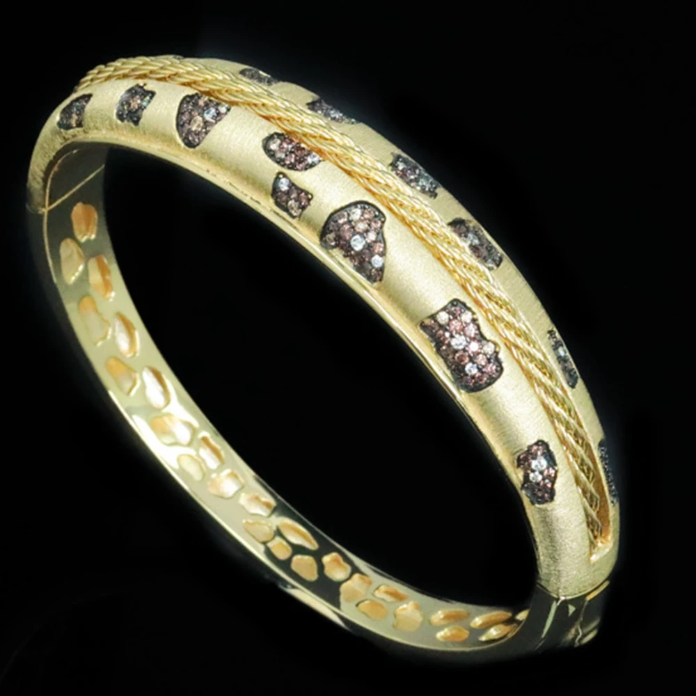 Italian Drawing Craft 925 Silver CZ Carbon Diamond Panther Leopard Print Cuff Bangle Bracelets Gold Plated Jewelry for Women New