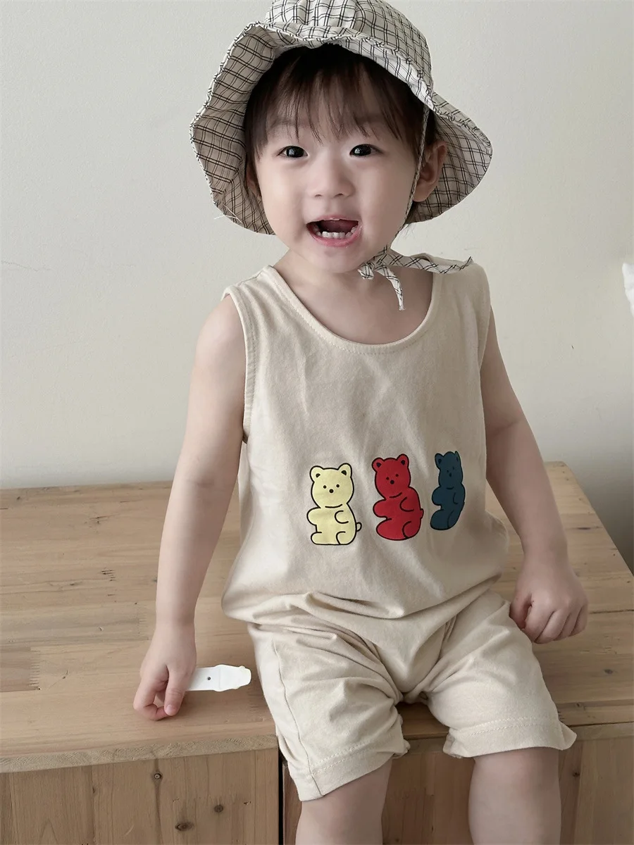 2025 Summer New Baby Sleeveless Romper Cute Bear Print Boy Girl Newborn Breathable Jumpsuit Infant Toddler Cotton Thin Clothes