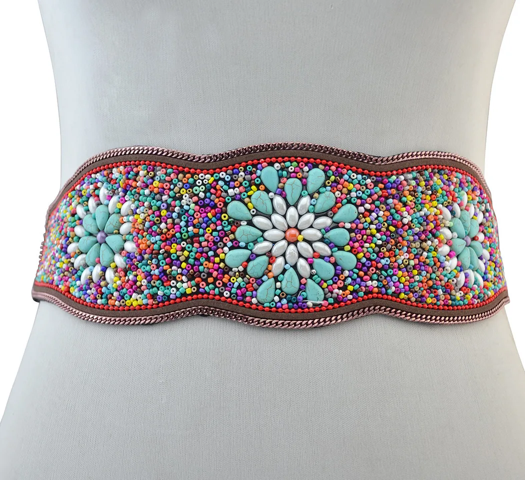 Bohemian Fashion Vintage Charm Belt Belly Chain Inlay Imitation Turquoise Resin Beads Elastic Adjustable Waist Belly Chain Body