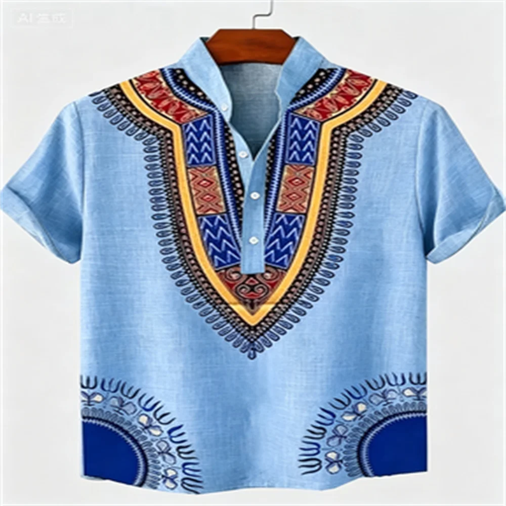 Men's Tops Pullover Linen Men's Tribal Totem Short Sleeve Shirt Half Cardigan Button Stand Collar New Shirt Linen Men's Tops