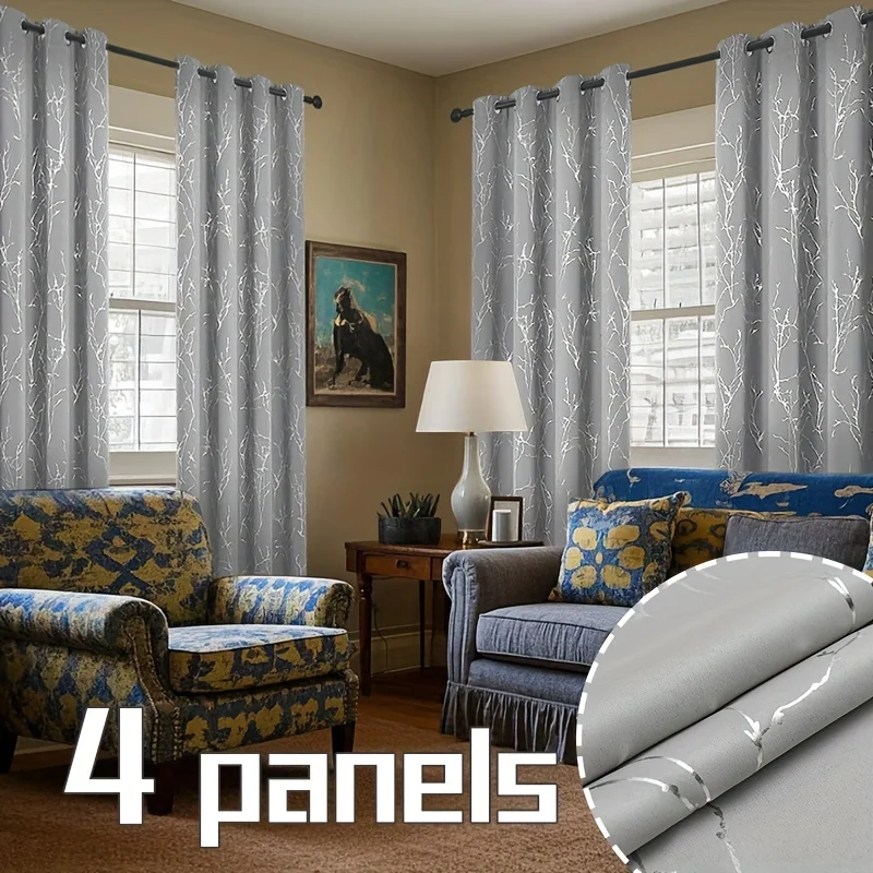 A Set of Four Curtains Featuring a Hot Stamping Technique with a Tree Branch Design, Double-Sided in The Same Color. They Come with Top Perforations for Hanging And Offer Shading, Heat Insulation, Cooling, Noise Reduction, And Privacy Protection