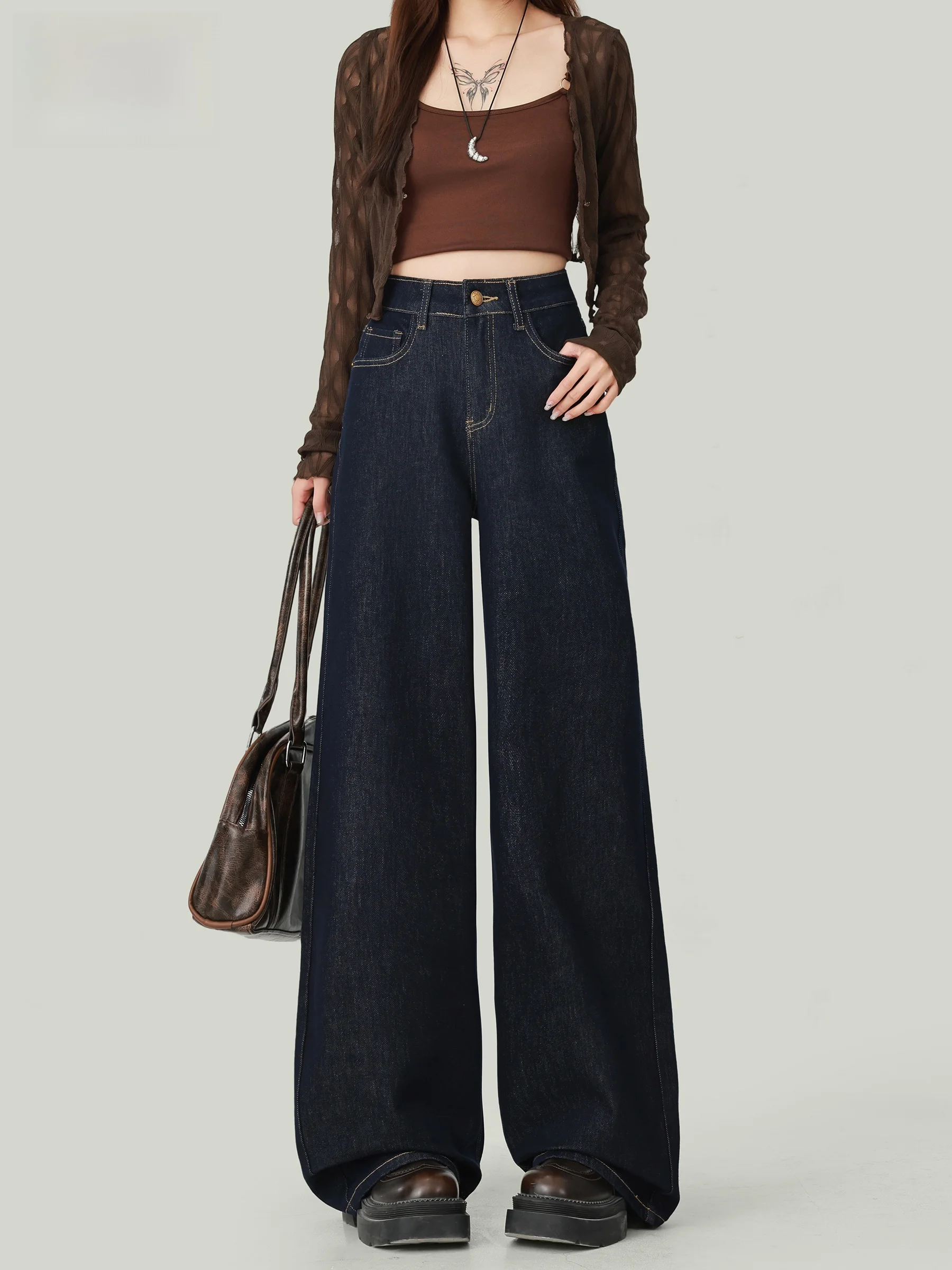 

Американские джинсы Deep Blue с высокой талией и широкими штанинами, женские, свободные, стройнящие, струящиеся, прямые, в пол, повседневный стиль, на пуговицах